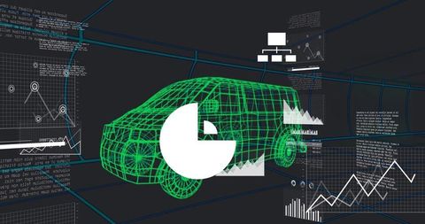 Green wireframe van in 3D data visualization with pie chart analytics and neon HUD