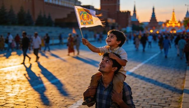 Father carrying son waving buddhist flag at sunset in historic square with festival lights
