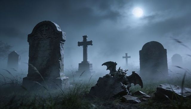 Nighttime gargoyle rising from shattered grave slab in misty moonlit cemetery