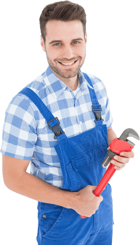 Confident Young Male Repairman Holding Red Wrench, Smiling Transparent Background - Download Free Stock Videos Pikwizard.com