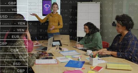 Businesswoman presenting financial analysis in modern conference room