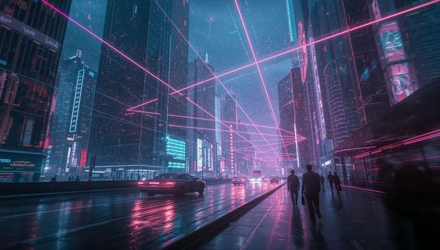 Neon urban street with laser beams in futuristic cityscape