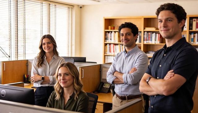 Confident young professionals collaborating in modern bright office with open cubicles