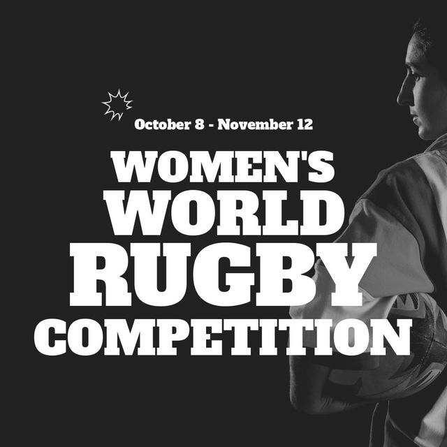 Date and text over female rugby player standing against black background. Digital composite, studio shot, safety, sport, athleticism, team sport, rugby ball, event, league, text and competition.