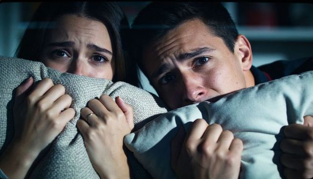 Couple watching scary movie clutching cushions showing fearful expressions