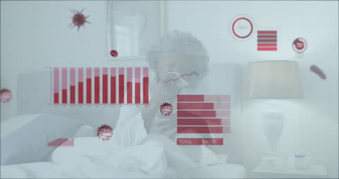 Woman with Cold and Virtual COVID-19 Data in Bedroom