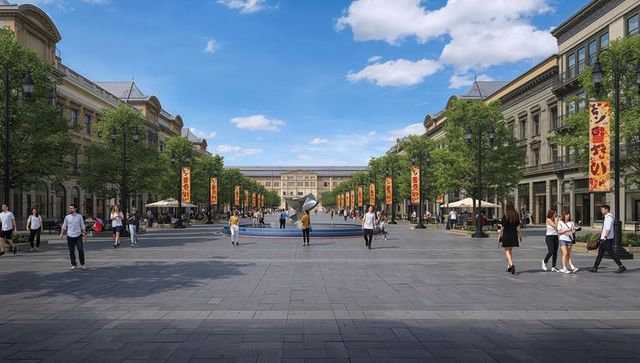 Summer promenade fountain and metal sculpture, pedestrians strolling, outdoor cafes