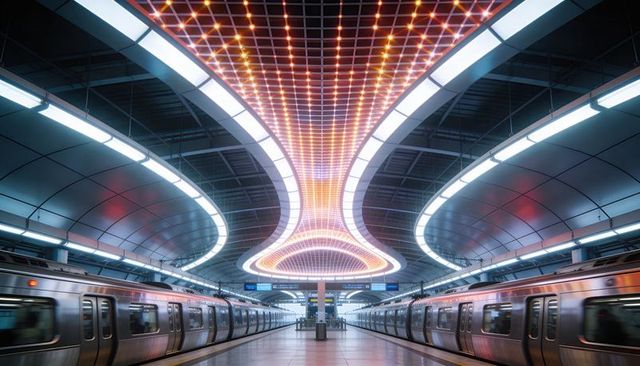 Futuristic led canopy funneling light over symmetrical metro platform with stainless trains