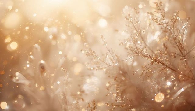 Golden Dewy Meadow Closeup with Shimmering Dried Grass and Ethereal Sunlit Bokeh Lights