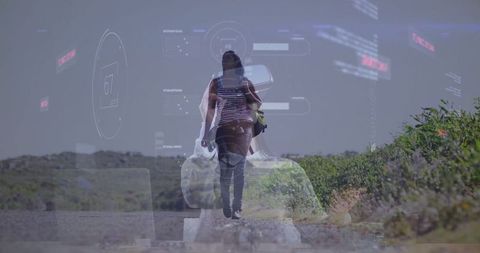 Woman Hiking with Backpack Amidst Virtual Biometric Display