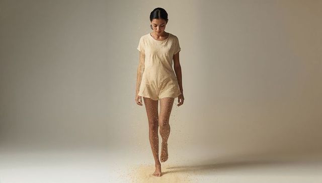 Woman walking through falling sand in minimal studio, neutral palette, motion