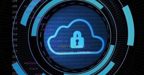 Neon Cloud Security HUD with Padlock and Binary Code Cyber Interface Dashboard Visual