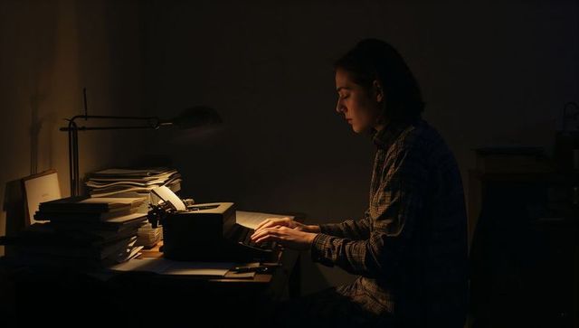Late night writer typing on vintage typewriter under warm desk lamp, moody retro workspace