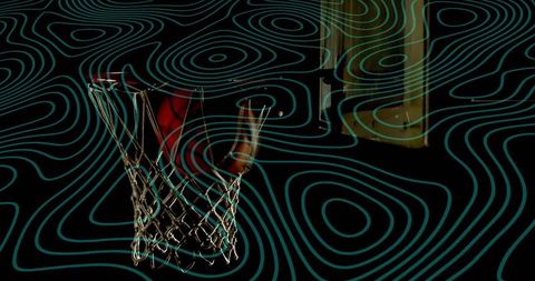 Sinking basketball through hoop with teal topographic overlay, dramatic low-key lighting