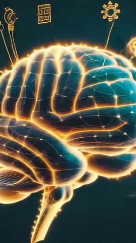 Rotating glowing brain model with shifting icons and neural network links, futuristic vertical video