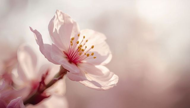 Delicate pink blossom glowing with translucent petals and golden stamens, pastel bokeh