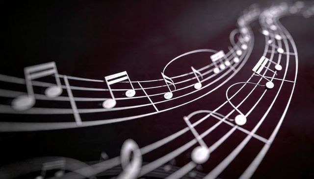Flowing curved musical staff twisting, glowing notes and treble clef on maroon gradient