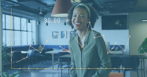casually dressed african american businesswoman creatively incorporating technology in workplace. financial graph overlays scene, blending data interaction with modern office environment. illustrates modern business methods, suitable for themes on digital transformation, innovation in offices, diversity in tech industry. ideal for articles or content about financial analysis, business strategy, tech-driven workplaces.