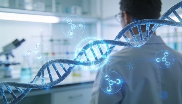 Projecting holographic dna helix over researcher leaning at lab bench, blue genomics interface