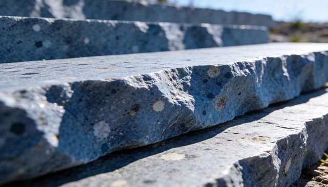 Stacking blue-gray stone slabs showing white lichen spots and sunlit textured layers