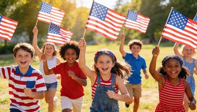 Joyful children running and waving american flags in sunlit park celebrating independence day