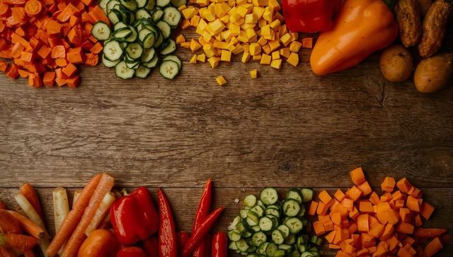 Overhead flatlay displaying colorful chopped vegetables on rustic wooden board for recipes