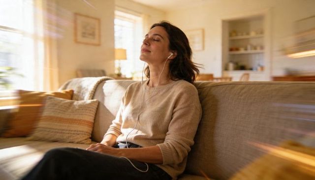 Woman relaxing on sunlit sofa listening with wired earphones, calm cozy home mindfulness