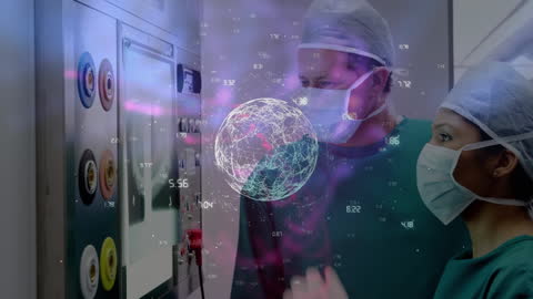 Healthcare Workers Interacting with Global Digital Connections Overlay