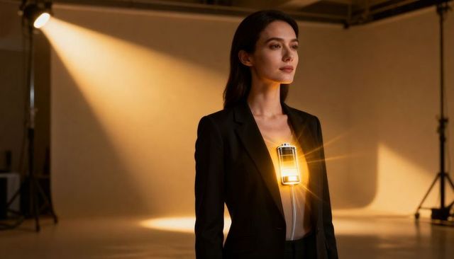 Confident asian businesswoman standing in studio wearing blazer with glowing energy device