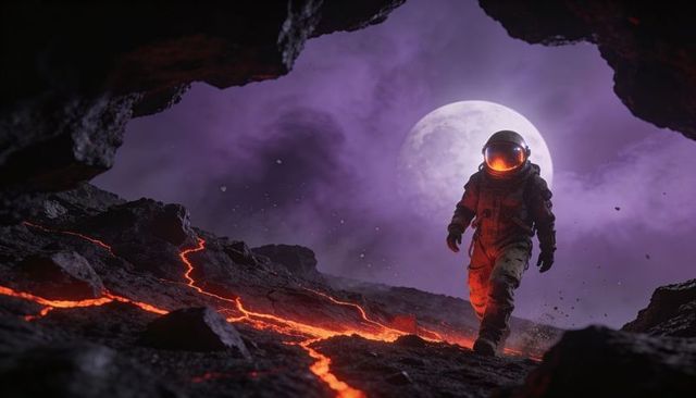 Walking astronaut crossing lava-fissured lunar plain, helmet visor reflecting moonlight