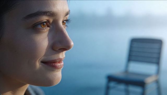 Young woman gazing across calm waterfront, smiling softly in close-up profile portrait
