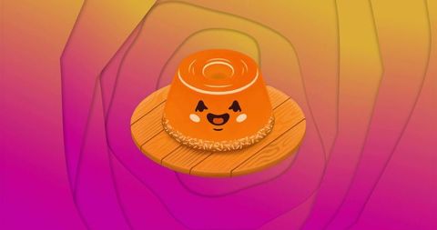 Smiling cartoon orange flan pudding on wooden board