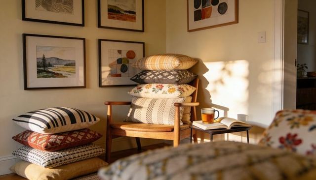 Sunlit reading nook featuring wooden armchair stacked cushions open book tea mug cozy home