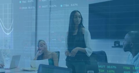 Diverse Business Team with Financial Data Overlay in Modern Office - Download Free Stock Images Pikwizard.com