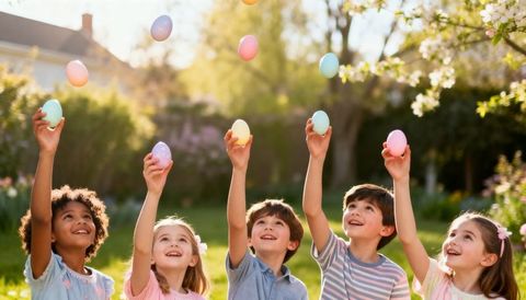 Kids tossing pastel eggs for easter in sunny backyard during spring play