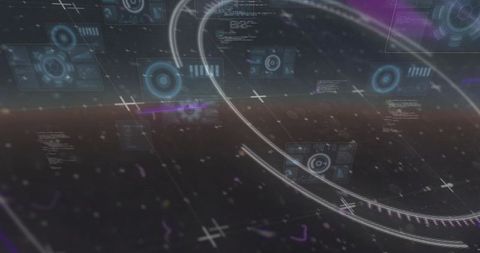 Rotating holographic ring with floating futuristic ui panels and neon dashboard