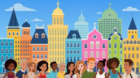 Diverse adults enjoy colorful cityscape in vibrant urban square