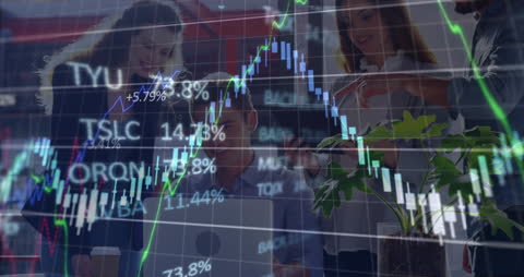 Business Team Collaborating with Stock Market Data Overlay