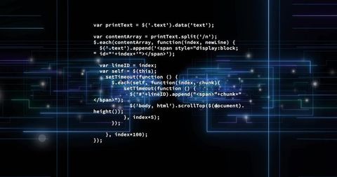 Streaming neon code overlay on futuristic circuit grid with glowing HUD holographic lines