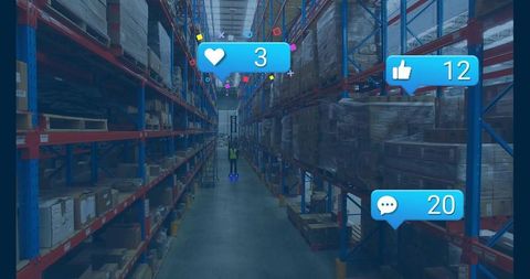 Warehouse worker balancing on scooter amid industrial aisles