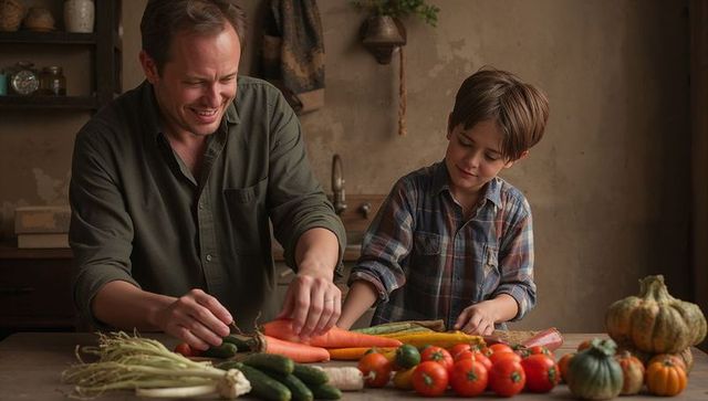 Father and son arranging fresh vegetables on rustic kitchen counter while smiling