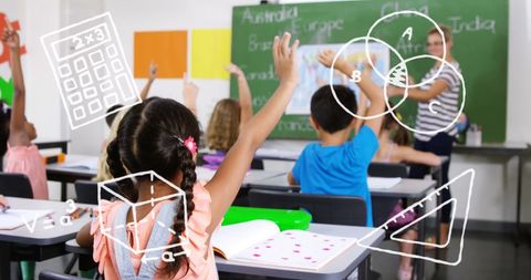 Active classroom learning with educational icons overlay