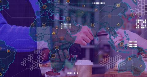 Global business with digital transactions over world map