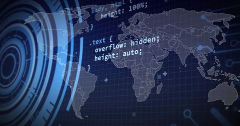 Global cybersecurity hud with world map, scrolling code and geospatial data visualization
