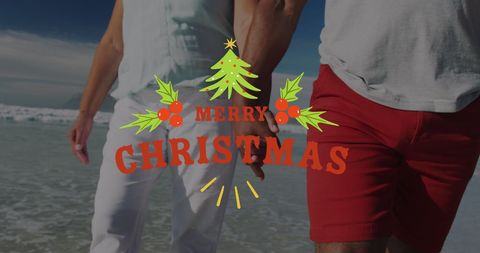 Festive Christmas Greetings with Diverse Couple on Beach