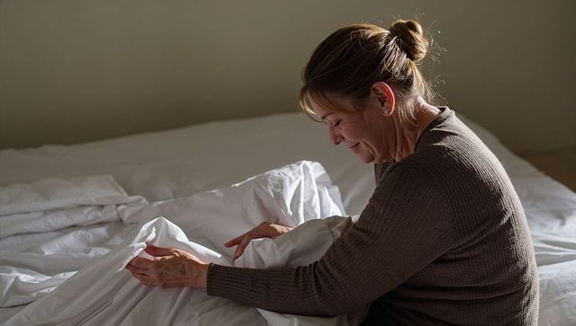 Mature woman tucking and smoothing white duvet on sunlit minimalist bed, cozy bedroom