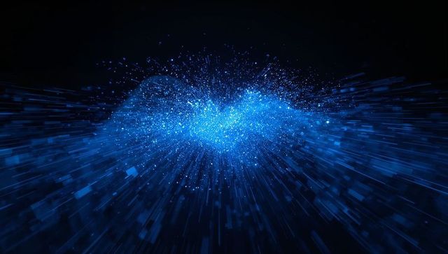 Radiating blue particle cloud emitting pixel beams and spark motes for futuristic tech