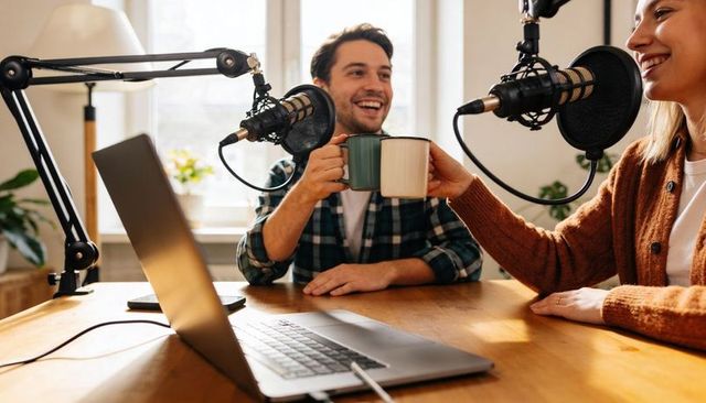Cozy podcast hosts clinking mugs while recording conversation with microphones and laptop