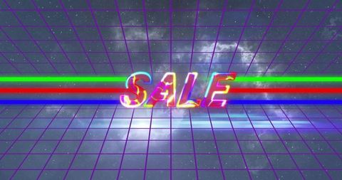 Vibrant neon sale sign with futuristic grid and multicolor stripes