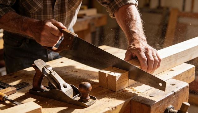 Carpenter sawing lumber with handsaw on workbench, vintage plane and wood shavings